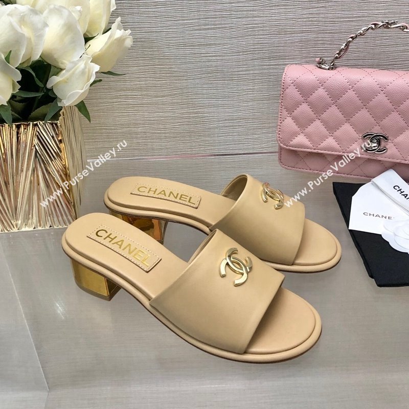 Chanel Calfskin Slides Sandal 5cm with Gold-Tone Heel Beige 2024 0126 (SS-240601078)