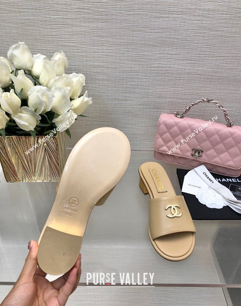 Chanel Calfskin Slides Sandal 5cm with Gold-Tone Heel Beige 2024 0126 (SS-240601078)