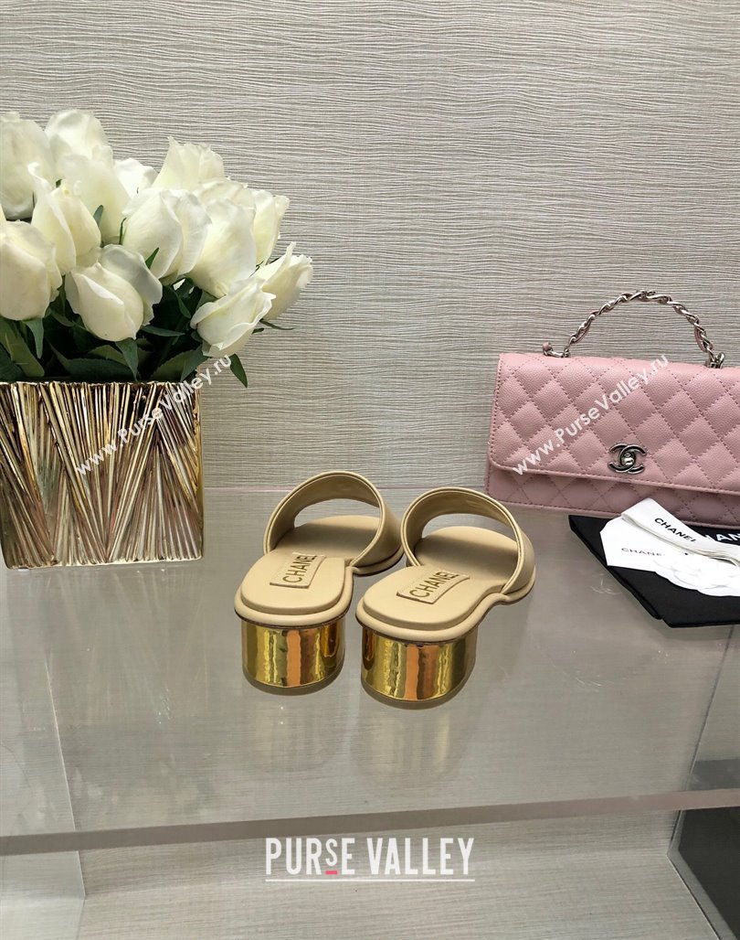 Chanel Calfskin Slides Sandal 5cm with Gold-Tone Heel Beige 2024 0126 (SS-240601078)