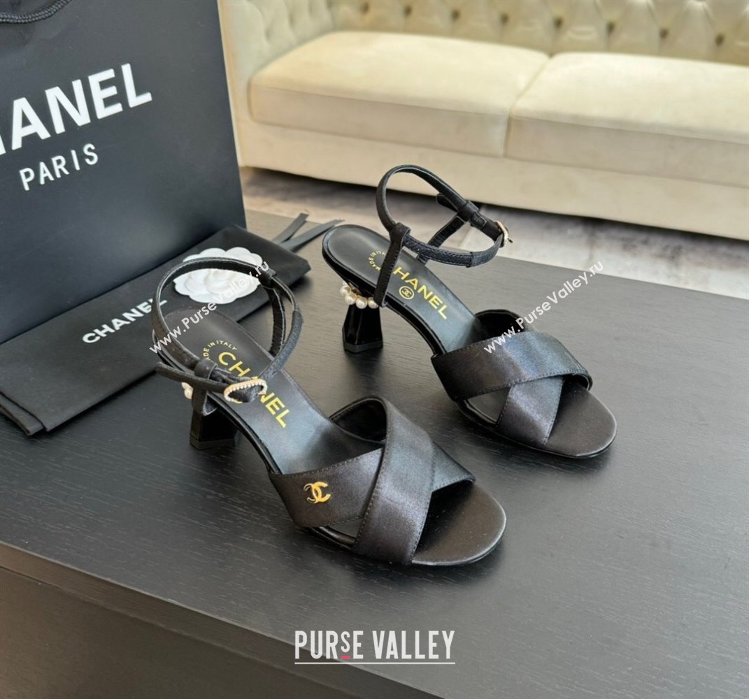 Chanel Satin Heel Sandals 6.5cm with Pearls Black 2024 0601 (SS-240601080)