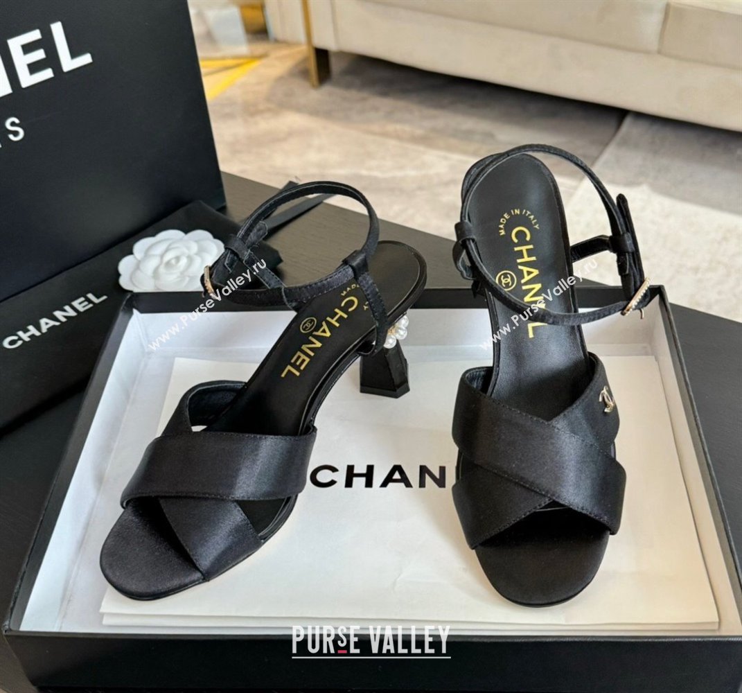 Chanel Satin Heel Sandals 6.5cm with Pearls Black 2024 0601 (SS-240601080)