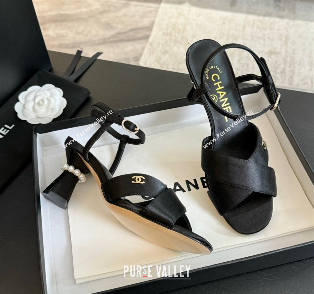 Chanel Satin Heel Sandals 6.5cm with Pearls Black 2024 0601 (SS-240601080)