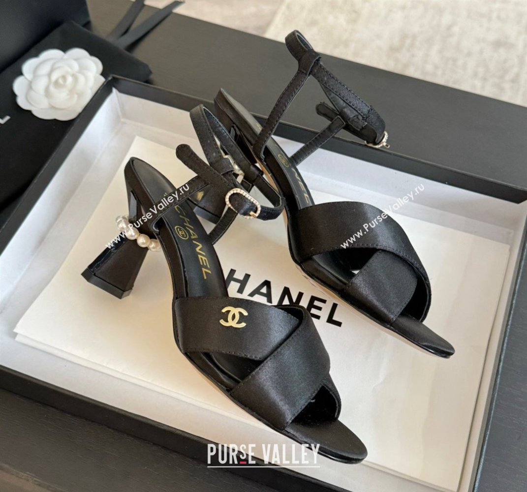 Chanel Satin Heel Sandals 6.5cm with Pearls Black 2024 0601 (SS-240601080)