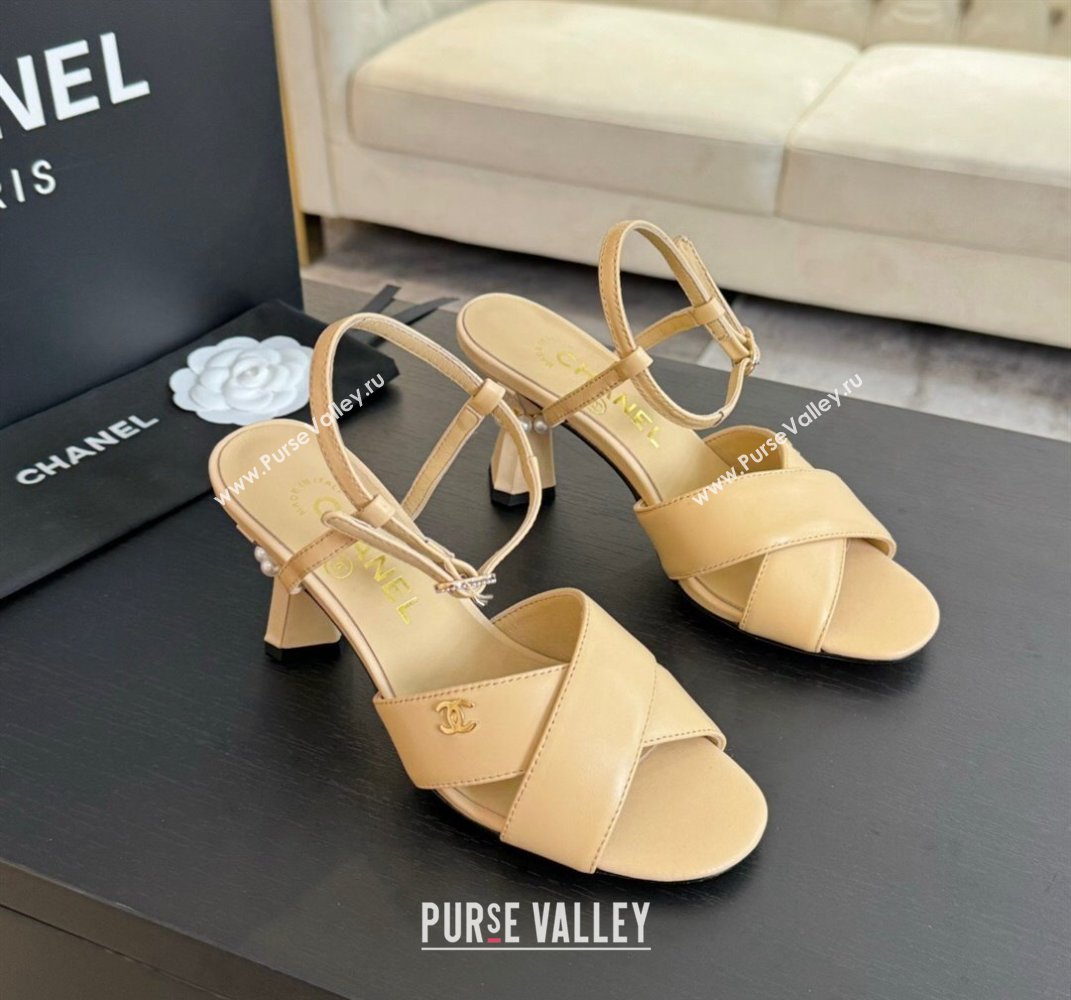 Chanel Lambskin Heel Sandals 6.5cm with Pearls Beige 2024 0601 (SS-240601081)