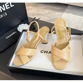 Chanel Lambskin Heel Sandals 6.5cm with Pearls Beige 2024 0601 (SS-240601081)