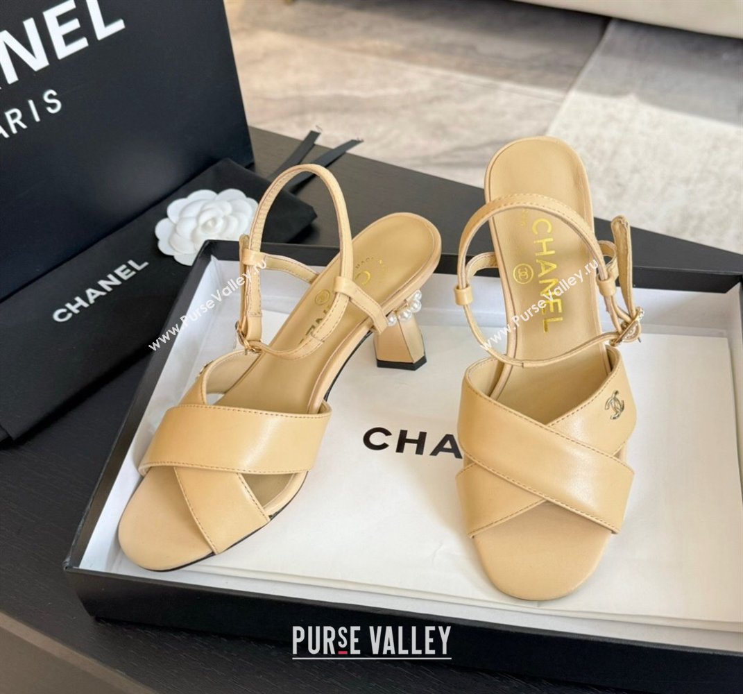 Chanel Lambskin Heel Sandals 6.5cm with Pearls Beige 2024 0601 (SS-240601081)