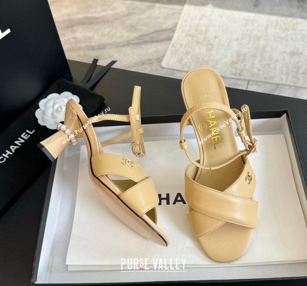 Chanel Lambskin Heel Sandals 6.5cm with Pearls Beige 2024 0601 (SS-240601081)