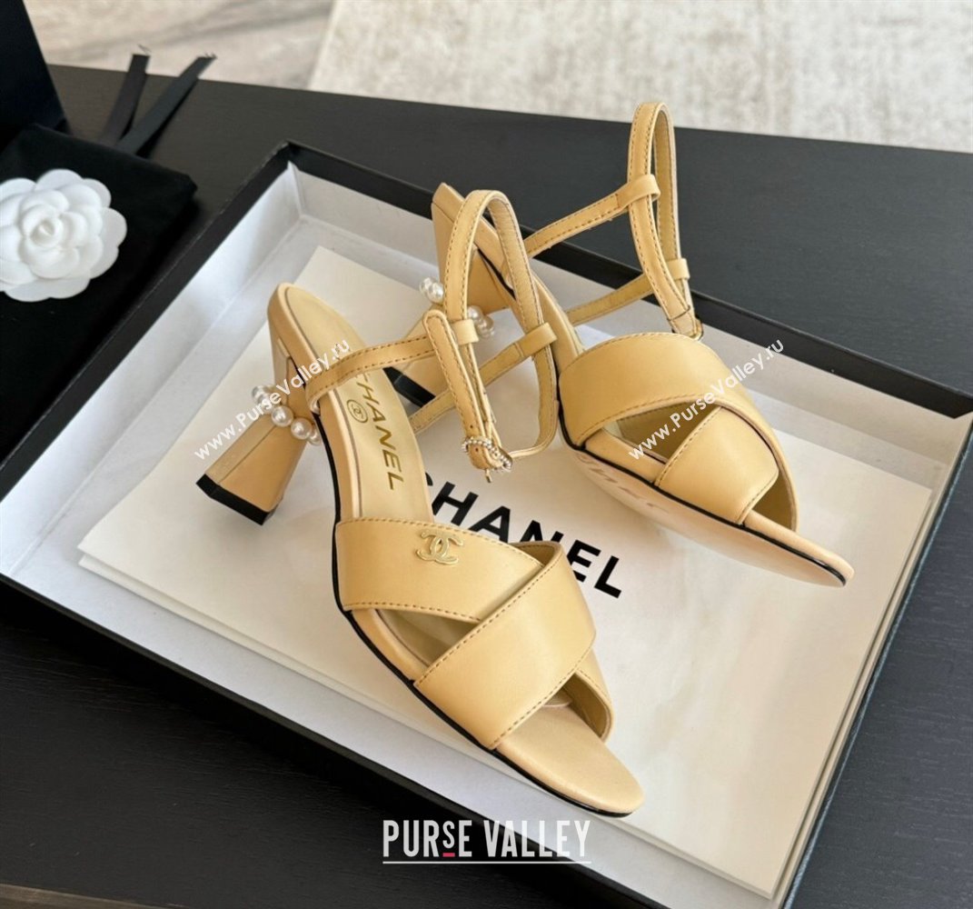 Chanel Lambskin Heel Sandals 6.5cm with Pearls Beige 2024 0601 (SS-240601081)