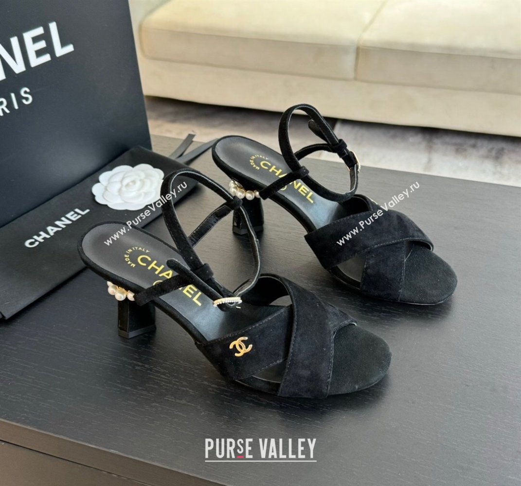 Chanel Suede Heel Sandals 6.5cm with Pearls Black 2024 0601 (SS-240601085)