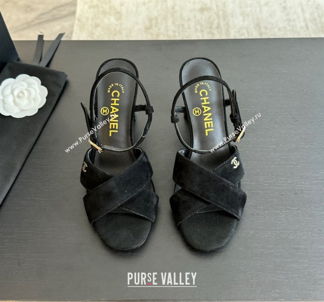 Chanel Suede Heel Sandals 6.5cm with Pearls Black 2024 0601 (SS-240601085)