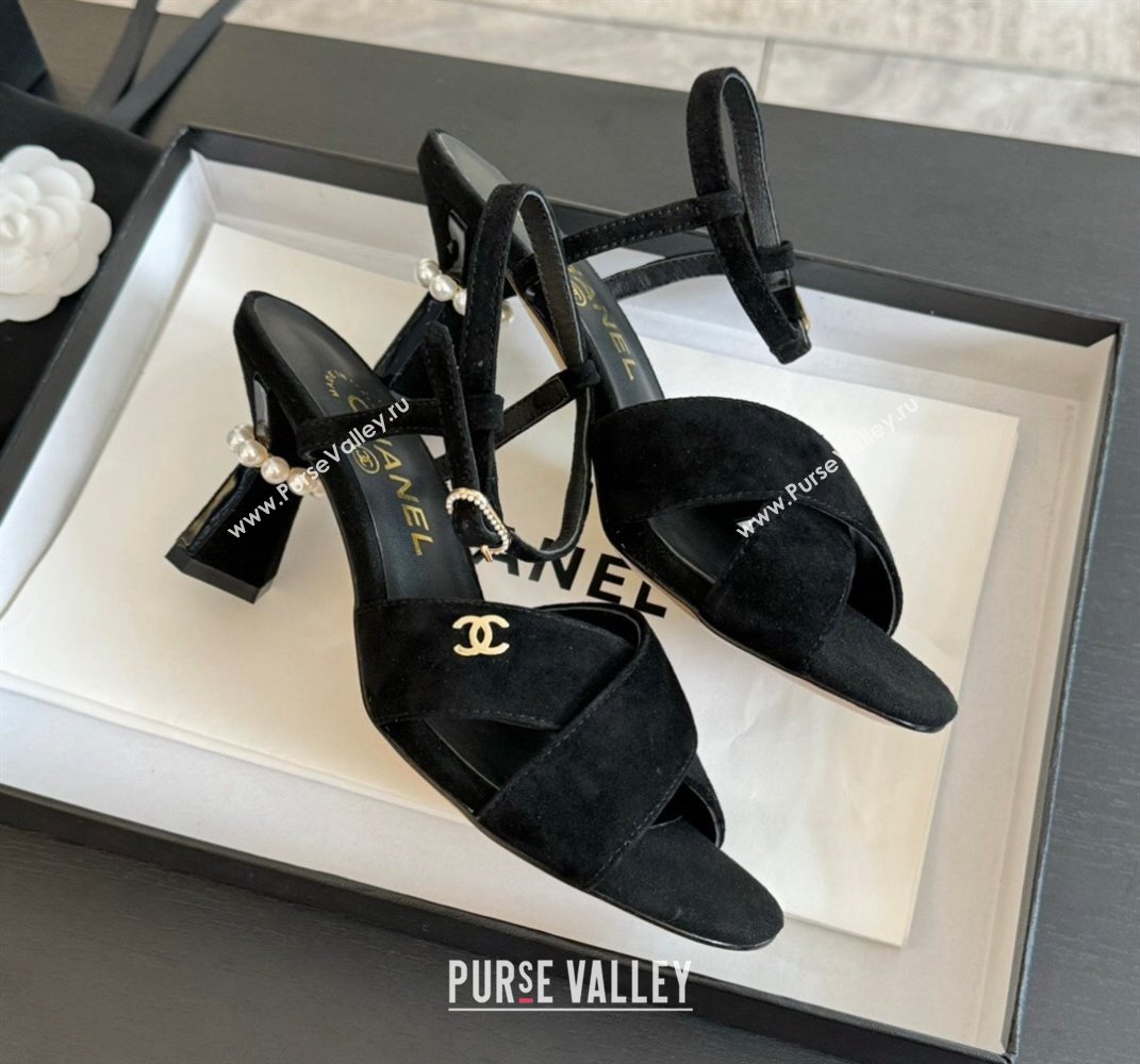 Chanel Suede Heel Sandals 6.5cm with Pearls Black 2024 0601 (SS-240601085)