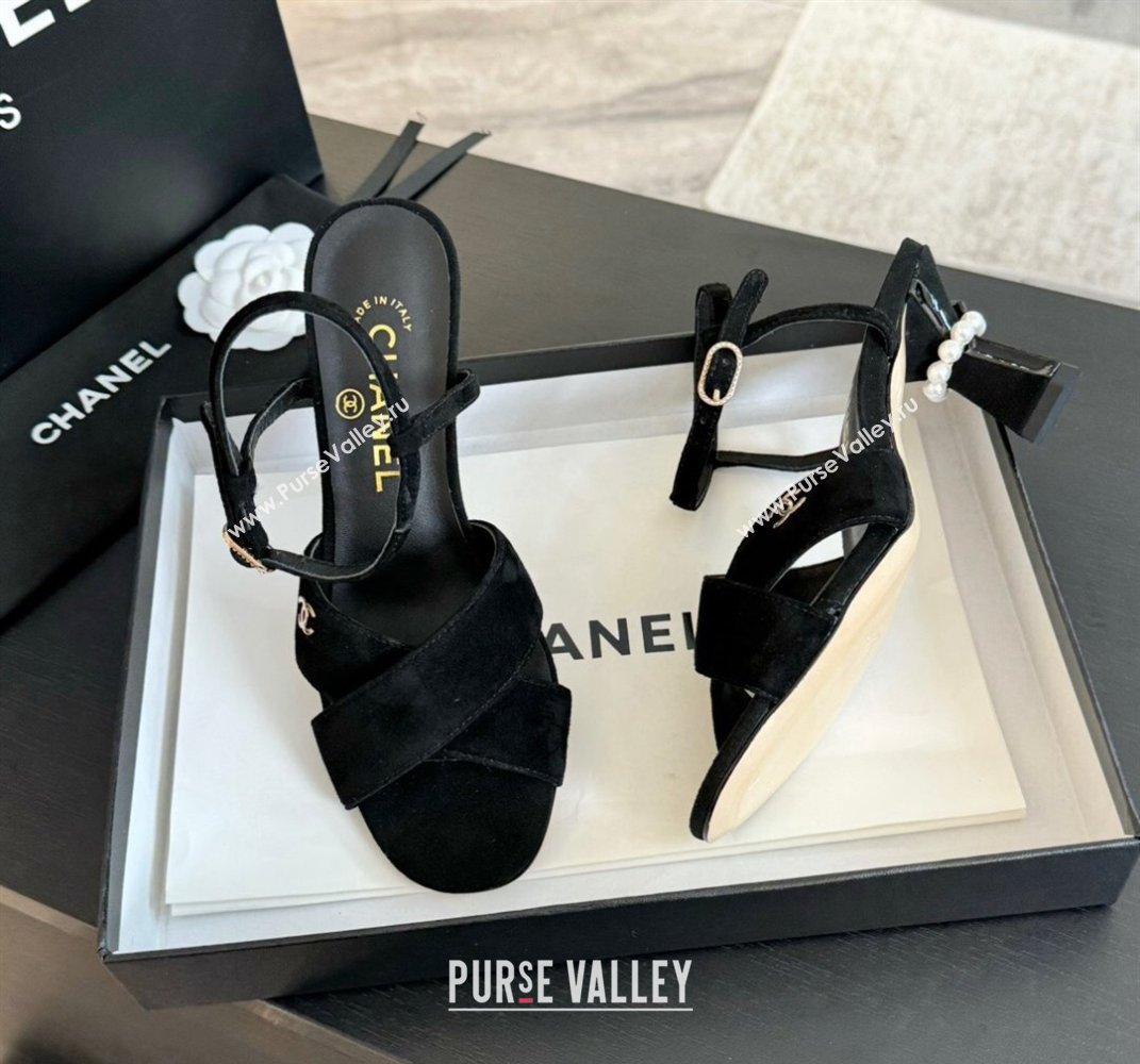 Chanel Suede Heel Sandals 6.5cm with Pearls Black 2024 0601 (SS-240601085)