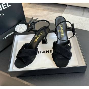 Chanel Suede Heel Sandals 6.5cm with Pearls Black 2024 0601 (SS-240601085)