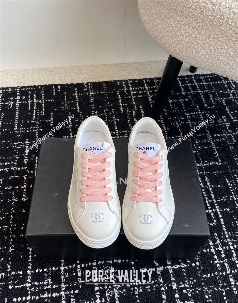 Chanel CC White Calfskin Sneakers Pink 2024 0601 (KL-240601102)