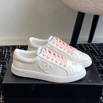 Chanel CC White Calfskin Sneakers Pink 2024 0601 (KL-240601102)