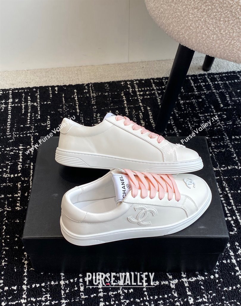 Chanel CC White Calfskin Sneakers Pink 2024 0601 (KL-240601102)