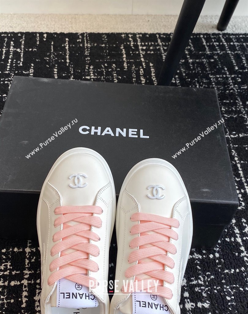 Chanel CC White Calfskin Sneakers Pink 2024 0601 (KL-240601102)