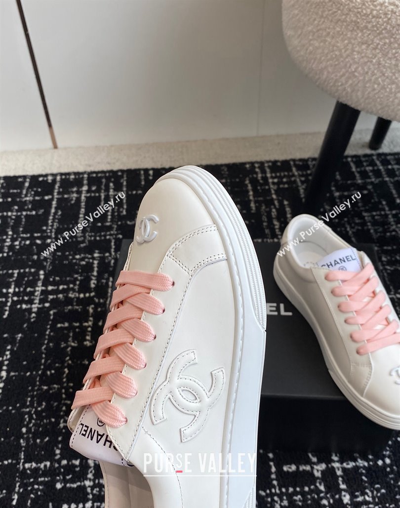 Chanel CC White Calfskin Sneakers Pink 2024 0601 (KL-240601102)