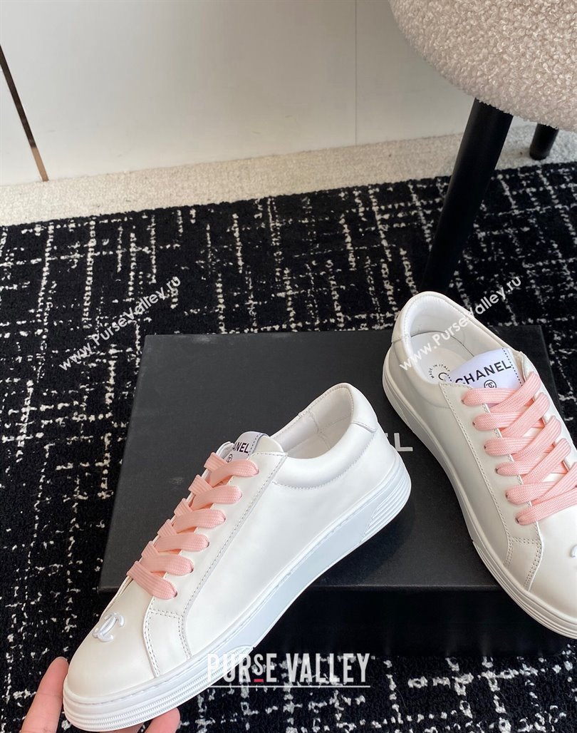 Chanel CC White Calfskin Sneakers Pink 2024 0601 (KL-240601102)