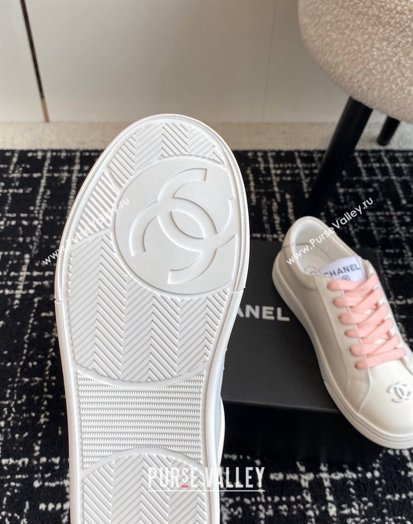 Chanel CC White Calfskin Sneakers Pink 2024 0601 (KL-240601102)