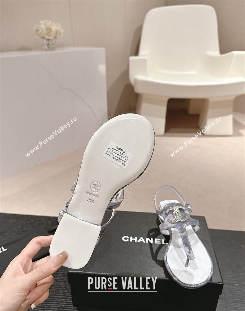 Chanel Printed Fabric Flat Thong Sandals with Pearls Flower Grey 2024 0603 (MD-240603108)