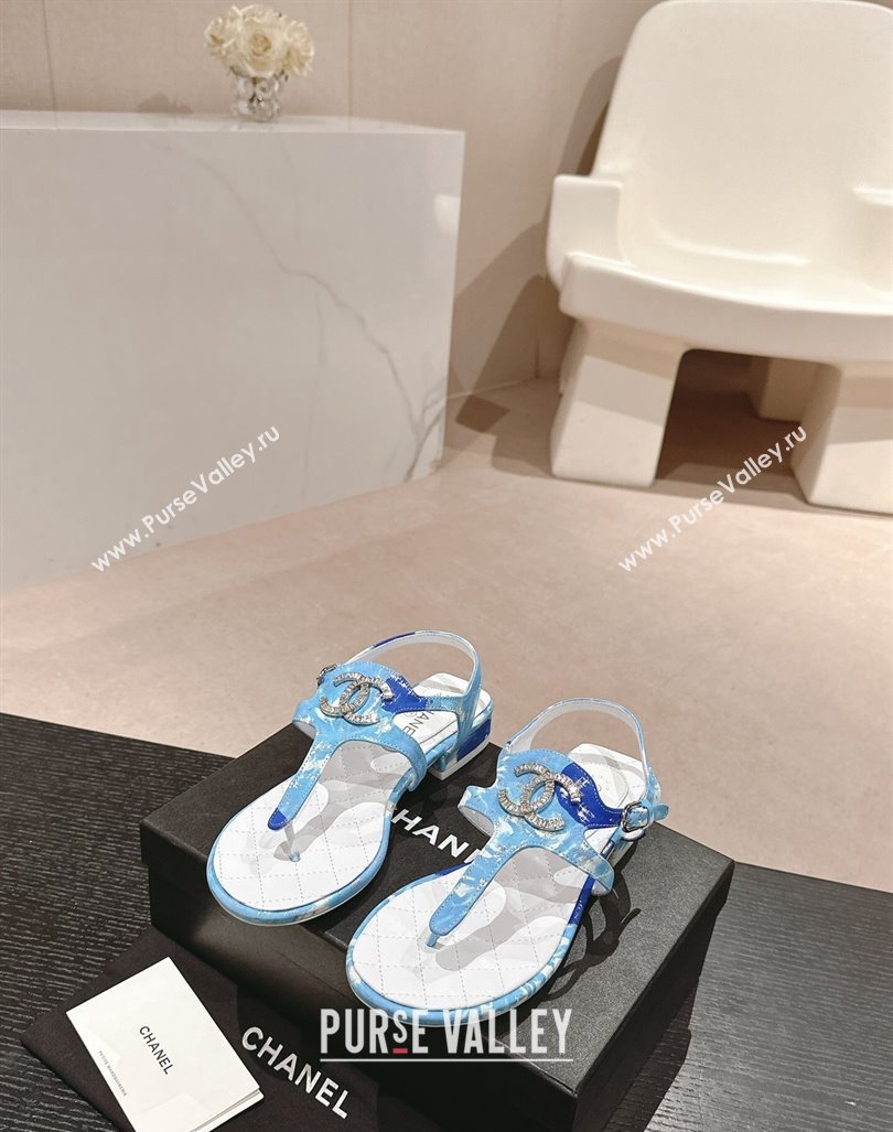 Chanel Printed Fabric Flat Thong Sandals with Pearls Flower light Blue 2024 0603 (MD-240603109)