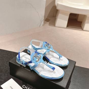 Chanel Printed Fabric Flat Thong Sandals with Pearls Flower light Blue 2024 0603 (MD-240603109)
