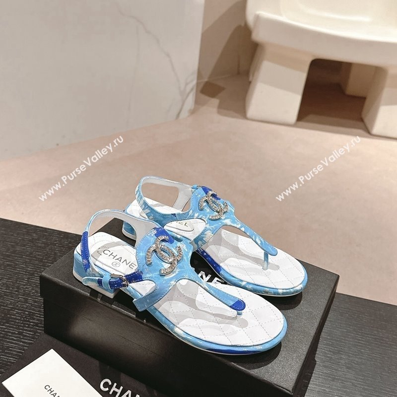 Chanel Printed Fabric Flat Thong Sandals with Pearls Flower light Blue 2024 0603 (MD-240603109)