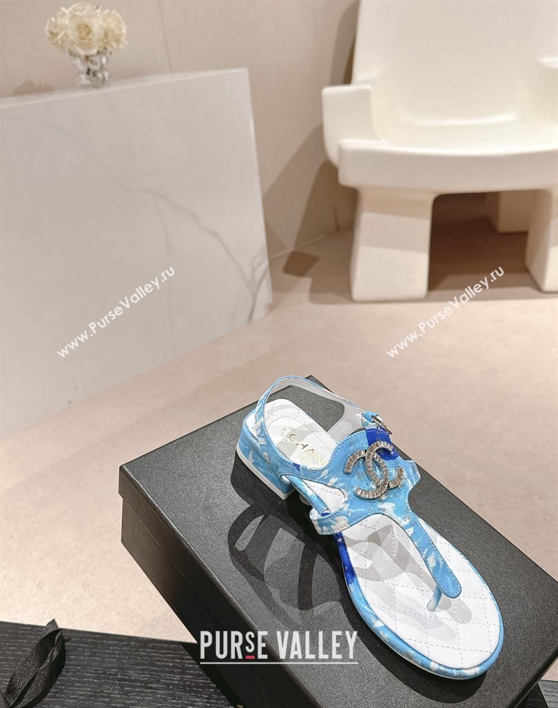 Chanel Printed Fabric Flat Thong Sandals with Pearls Flower light Blue 2024 0603 (MD-240603109)