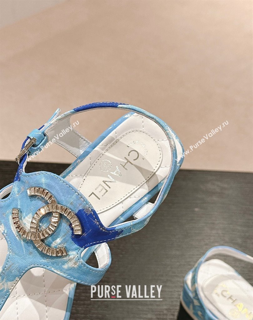 Chanel Printed Fabric Flat Thong Sandals with Pearls Flower light Blue 2024 0603 (MD-240603109)