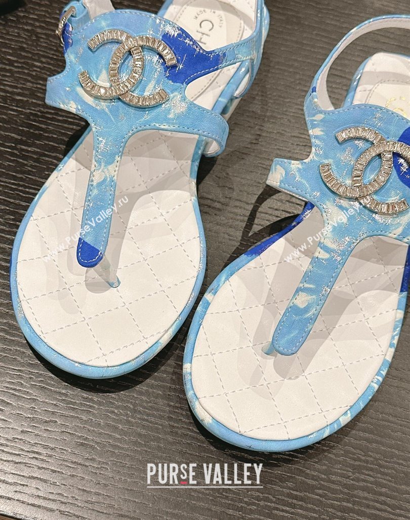 Chanel Printed Fabric Flat Thong Sandals with Pearls Flower light Blue 2024 0603 (MD-240603109)