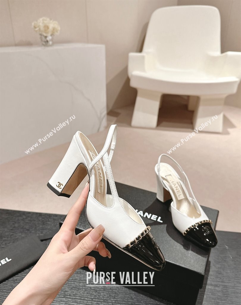 Chanel Lambskin Patent Calfskin Slingback Pumps 9cm with Chain White 2024 0603 (MD-240603028)