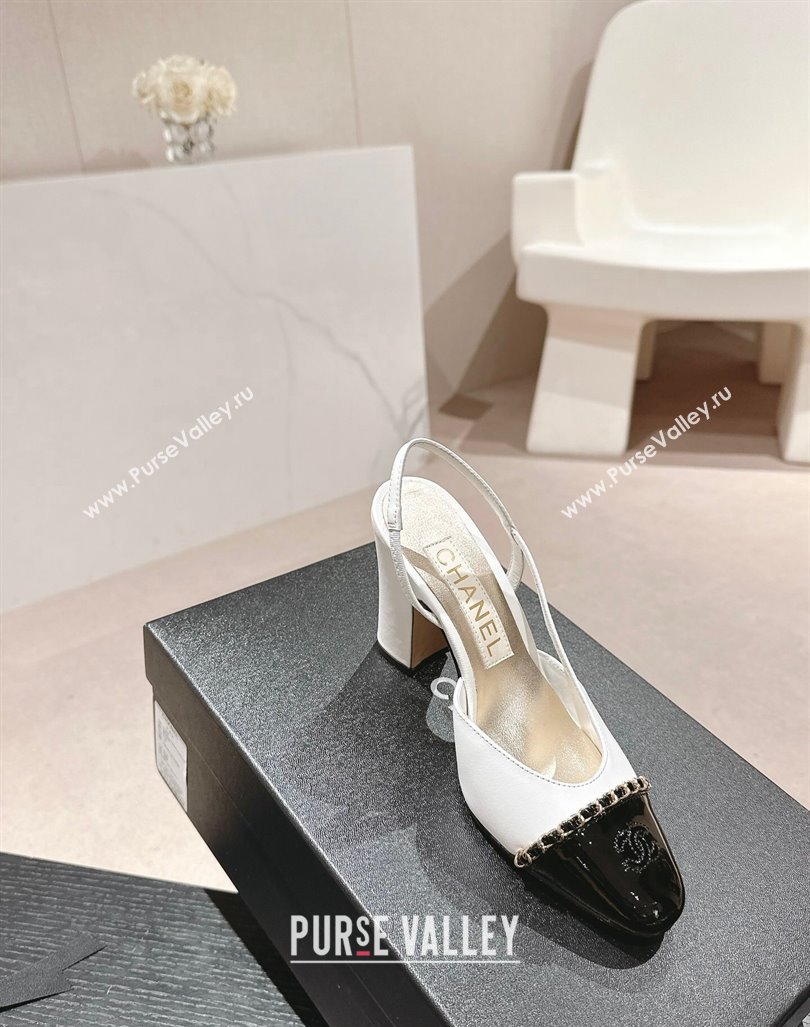 Chanel Lambskin Patent Calfskin Slingback Pumps 9cm with Chain White 2024 0603 (MD-240603028)