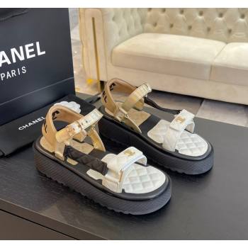 Chanel Patchwork Calfskin Platform Sandals White/Black/Beige 2024 0603 (SS-240603111)
