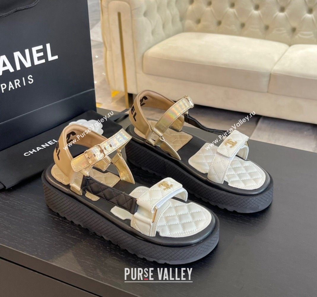 Chanel Patchwork Calfskin Platform Sandals White/Black/Beige 2024 0603 (SS-240603111)