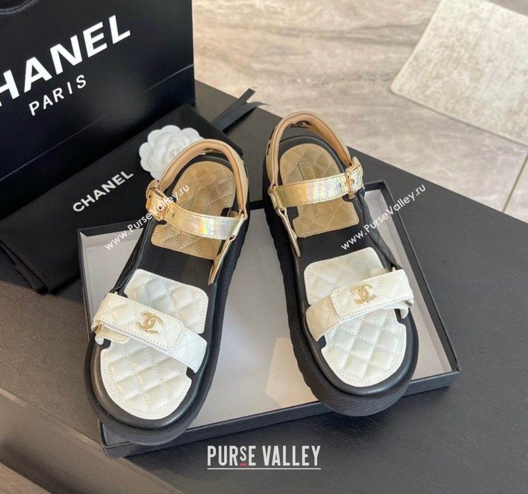 Chanel Patchwork Calfskin Platform Sandals White/Black/Beige 2024 0603 (SS-240603111)