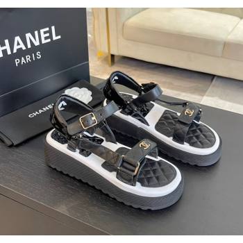 Chanel Patchwork Calfskin Leather Platform Sandals Black/White 2024 0603 (SS-240603112)