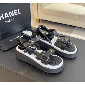 Chanel Patchwork Calfskin Leather Platform Sandals Black/White 2024 0603 (SS-240603112)