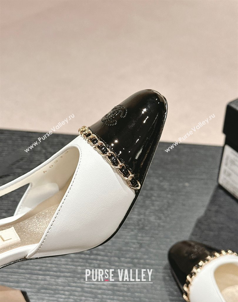 Chanel Lambskin Patent Calfskin Slingback Pumps 9cm with Chain White 2024 0603 (MD-240603028)