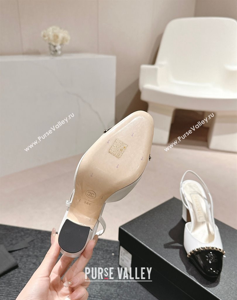 Chanel Lambskin Patent Calfskin Slingback Pumps 9cm with Chain White 2024 0603 (MD-240603028)