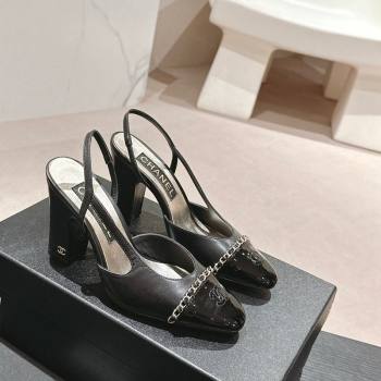 Chanel Lambskin Patent Calfskin Slingback Pumps 9cm with Chain Black 2024 0603 (MD-240603029)