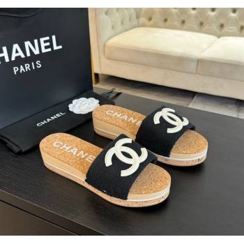Chanel Wood Tweed Platform Slides Sandals Black 2024 0603 (SS-240603117)