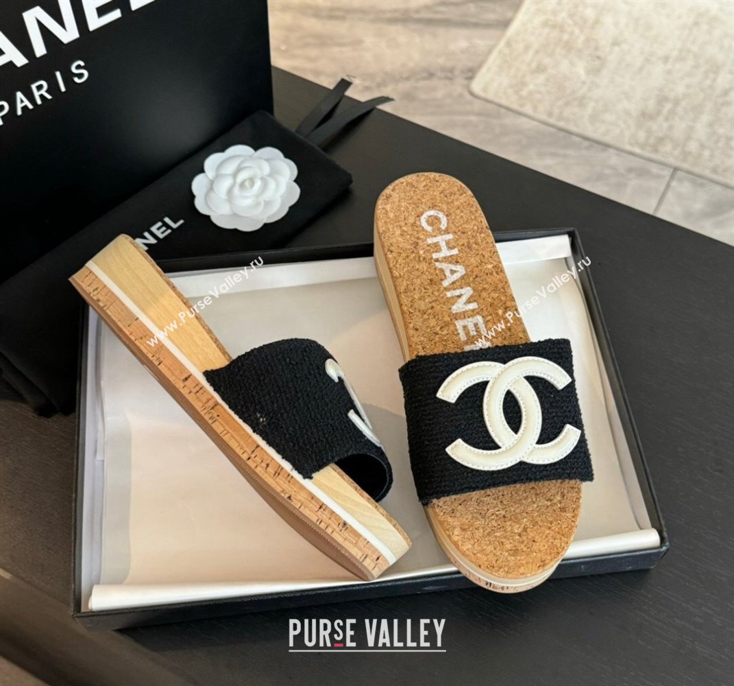 Chanel Wood Tweed Platform Slides Sandals Black 2024 0603 (SS-240603117)