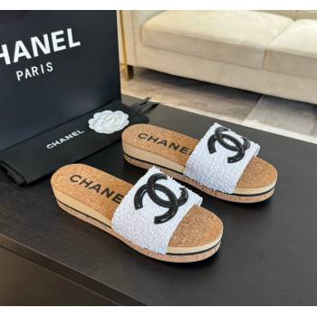 Chanel Wood Tweed Platform Slides Sandals White 2024 0603 (SS-240603118)