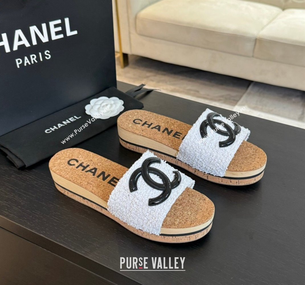 Chanel Wood Tweed Platform Slides Sandals White 2024 0603 (SS-240603118)