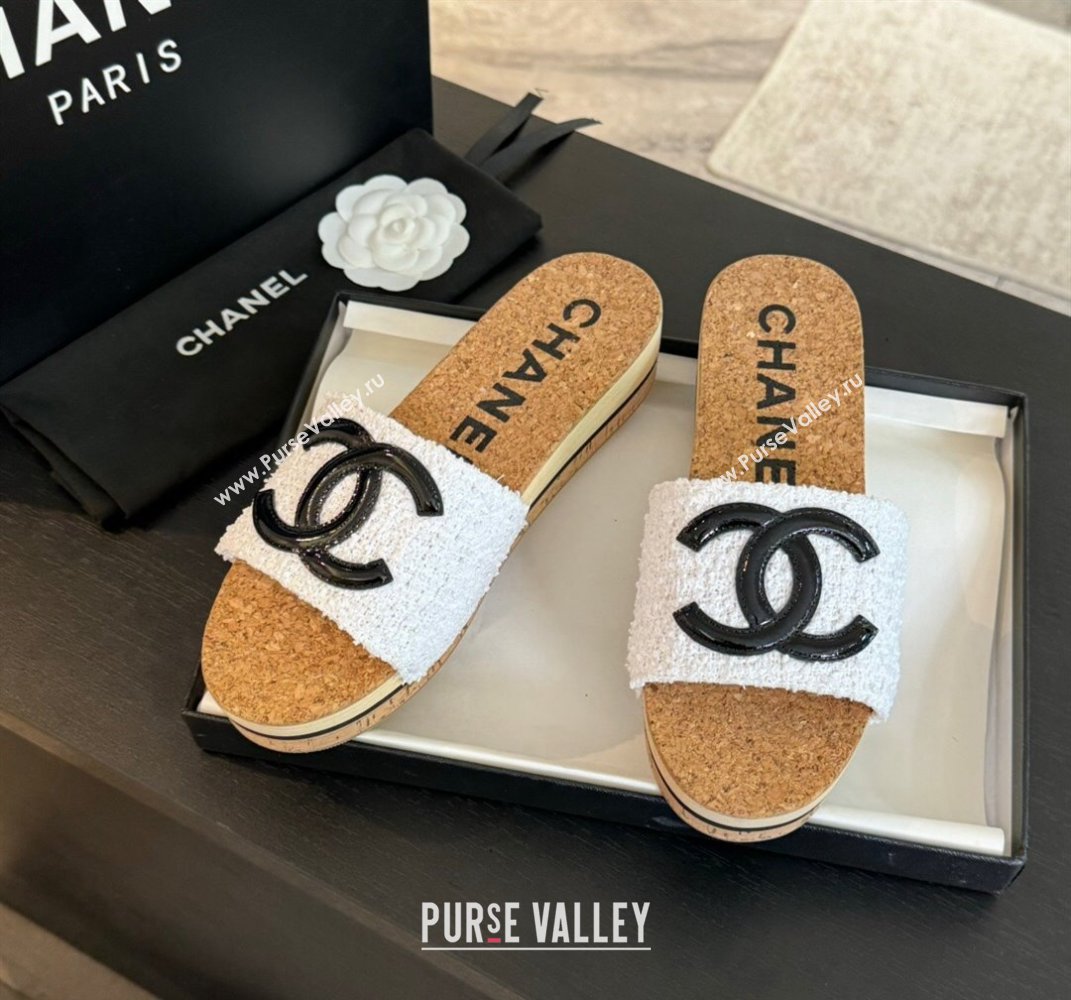 Chanel Wood Tweed Platform Slides Sandals White 2024 0603 (SS-240603118)