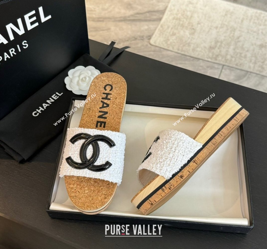 Chanel Wood Tweed Platform Slides Sandals White 2024 0603 (SS-240603118)