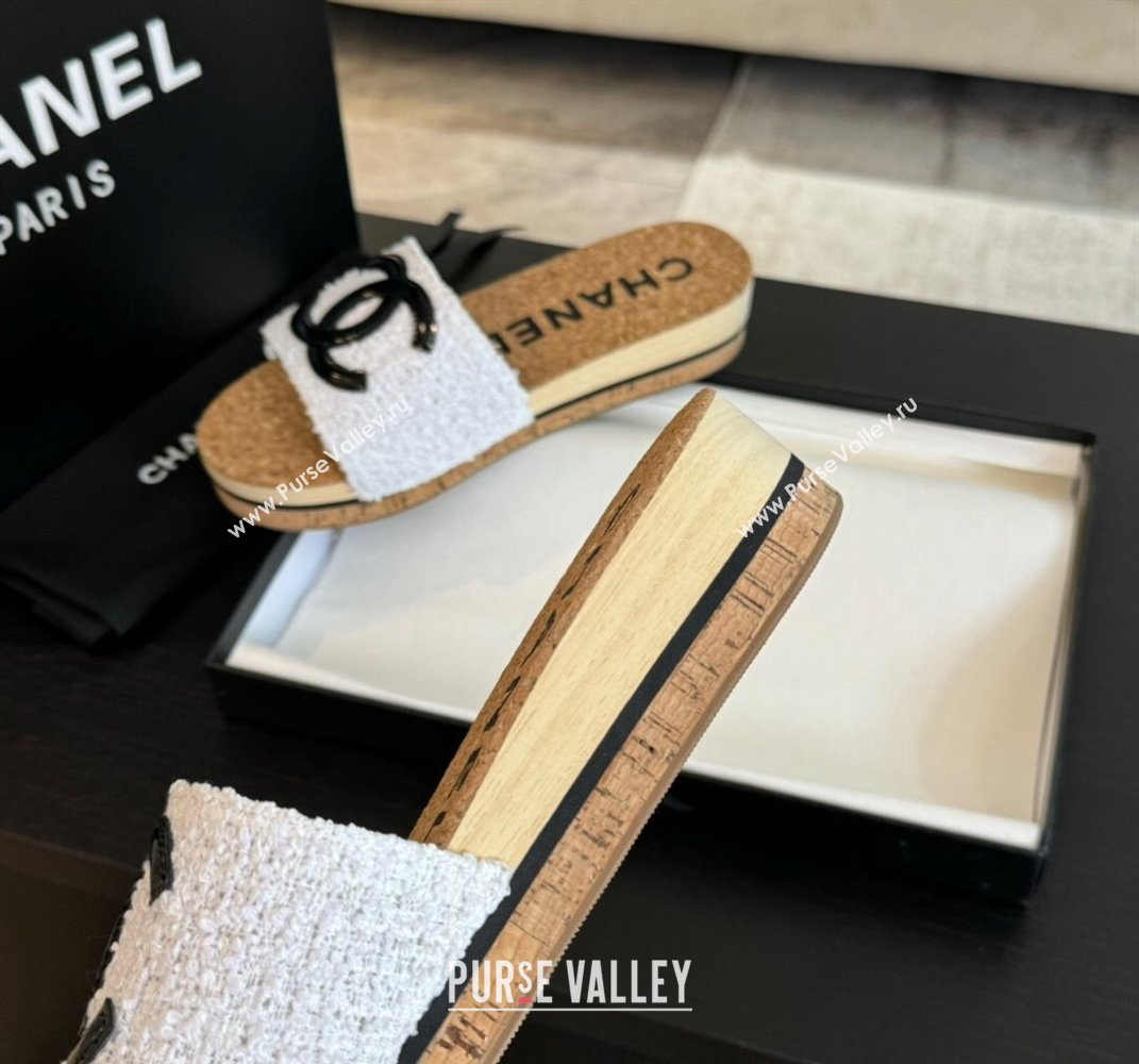 Chanel Wood Tweed Platform Slides Sandals White 2024 0603 (SS-240603118)