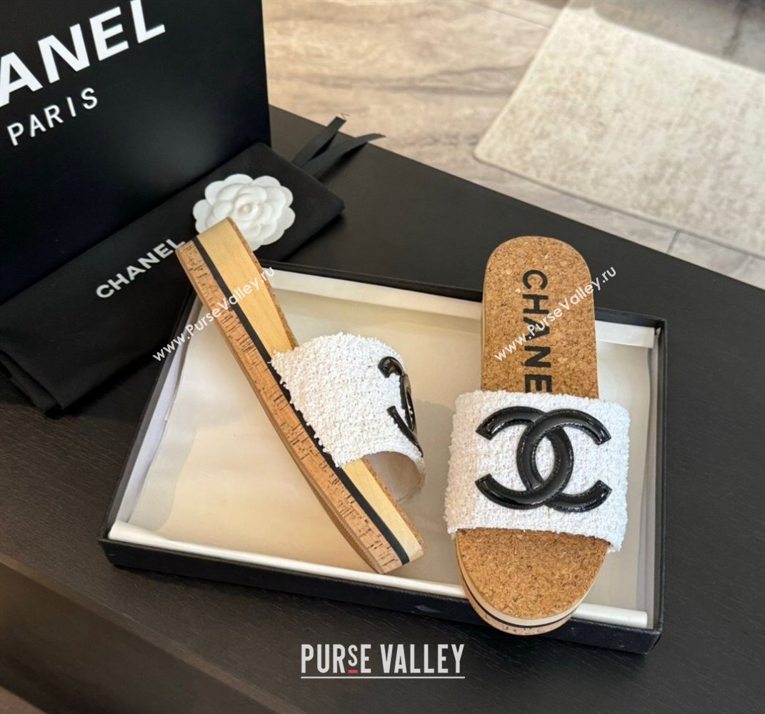 Chanel Wood Tweed Platform Slides Sandals White 2024 0603 (SS-240603118)