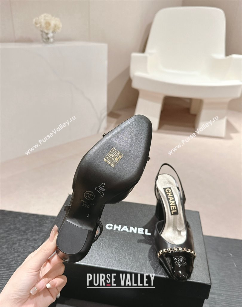 Chanel Lambskin Patent Calfskin Slingback Pumps 9cm with Chain Black 2024 0603 (MD-240603029)